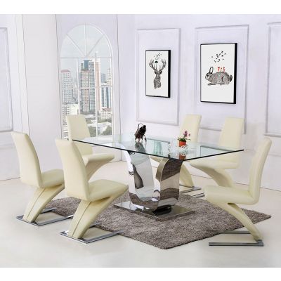 Alexandria Glass Dining Table & 4 Zed Ivory Leather Chairs