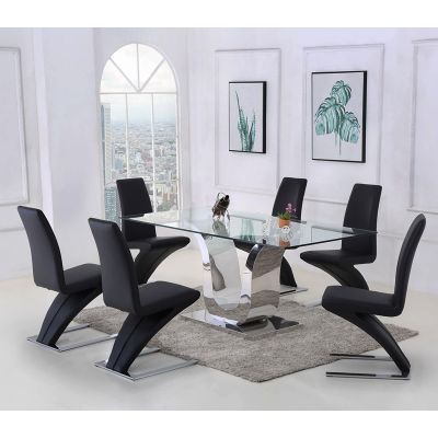 Alexandria Glass Dining Table & 4 Zed Black Leather Chairs