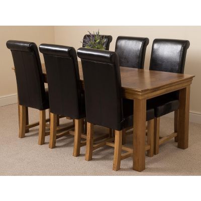 French Rustic Oak Large Dining Table with 6 Washington Black Leather Chairs