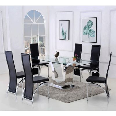 Alexandria Glass Dining Table & 8 Alisa Black Leather Chairs