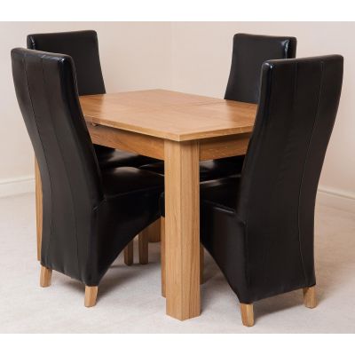 Hampton Small Oak Extending Dining Table with 4 Lola Black Leather Chairs