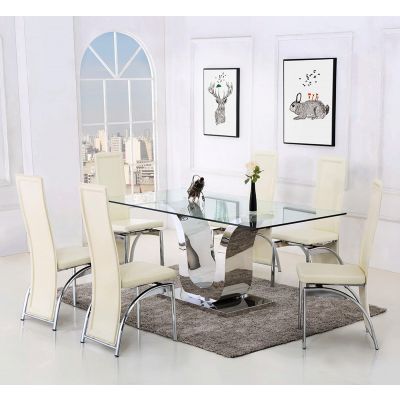 Alexandria Glass Dining Table & 4 Alisa Ivory Leather Chairs