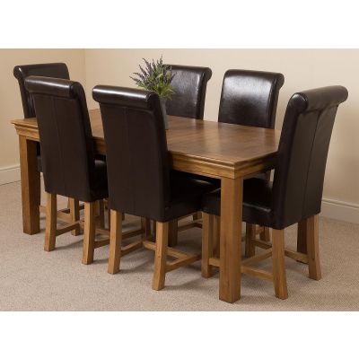 French Rustic Oak Large Dining Table with 6 Washington Brown Leather Chairs