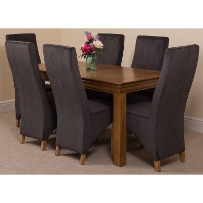 French Rustic Oak Large Dining Table with 6 Lola Dark Grey Fabric Chairs