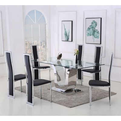 Alexandria Glass Dining Table & 6 Elsa Black Leather Chairs