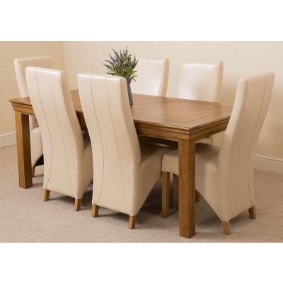 French Rustic Oak Large Dining Table with 6 Lola Ivory Leather Chairs