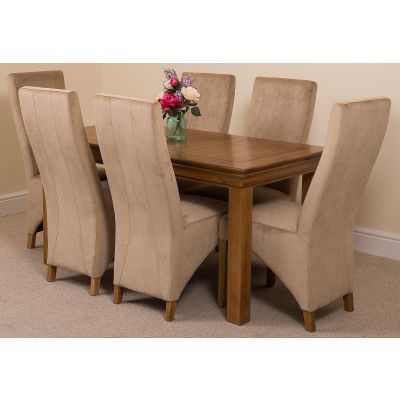 French Rustic Oak Large Dining Table with 6 Lola Beige Fabric Chairs