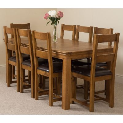 French Rustic Oak Large Dining Table with 8 Lincoln Rustic Oak Chairs