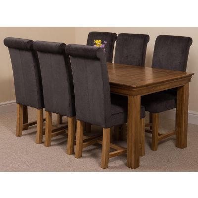 French Rustic Oak Large Dining Table with 6 Washington Dark Grey Fabric Chairs