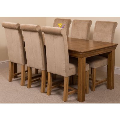 French Rustic Oak Large Dining Table with 6 Washington Beige Fabric Chairs