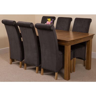 French Rustic Oak Large Dining Table with 6 Montana Dark Grey Fabric Chairs