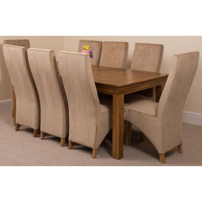 French Rustic Oak Large Dining Table with 8 Lola Beige Fabric Chairs