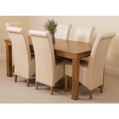 French Rustic Oak Large Dining Table with 6 Montana Ivory Leather Chairs