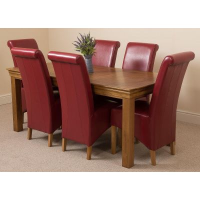 French Rustic Oak Large Dining Table with 6 Montana Burgundy Leather Chairs