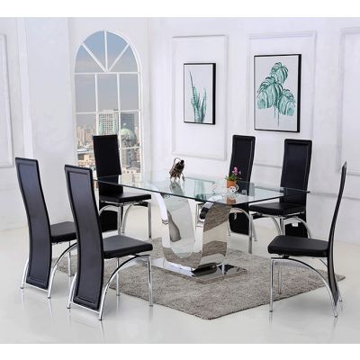 Alexandria Glass Dining Table & 4 Alisa Black Leather Chairs