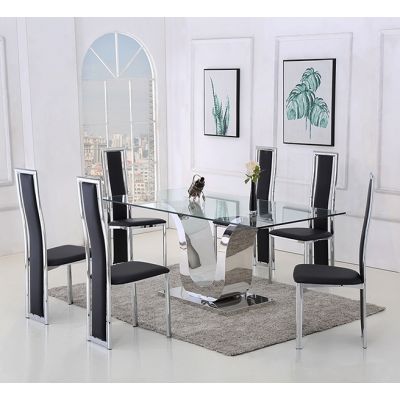 Alexandria Glass Dining Table & 4 Elsa Black Leather Chairs