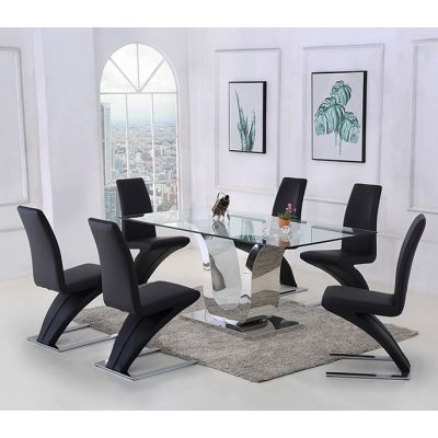 Alexandria Glass Dining Table & 6 Zed Black Leather Chairs