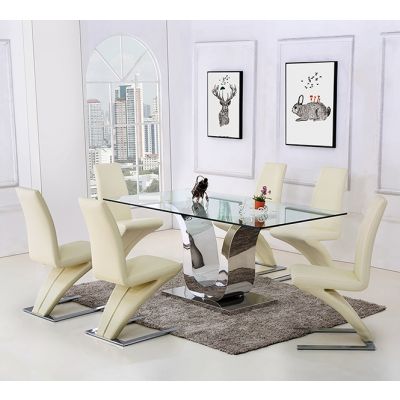 Alexandria Glass Dining Table & 8 Zed Ivory Leather Chairs