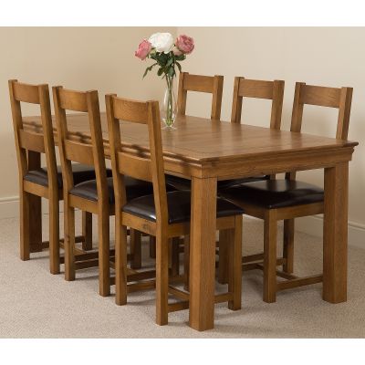 French Rustic Oak Large Dining Table with 6 Lincoln Rustic Oak Chairs