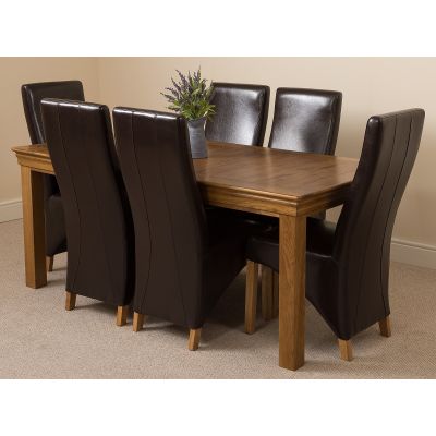 French Rustic Oak Large Dining Table with 6 Lola Brown Leather Chairs