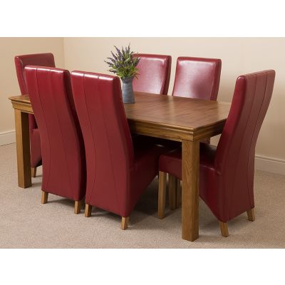 French Rustic Oak Large Dining Table with 6 Lola Burgundy Leather Chairs