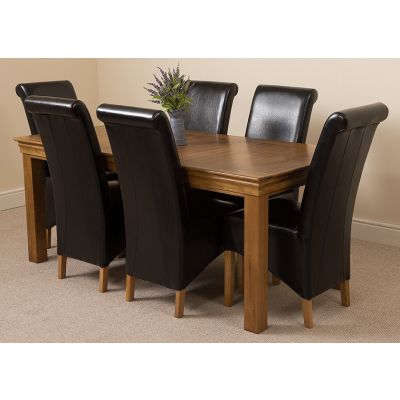 French Rustic Oak Large Dining Table with 6 Montana Black Leather Chairs