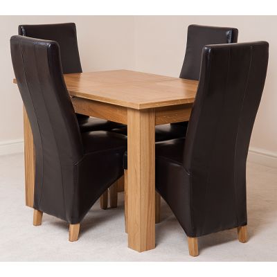 Hampton Small Oak Extending Dining Table with 4 Lola Brown Leather Chairs