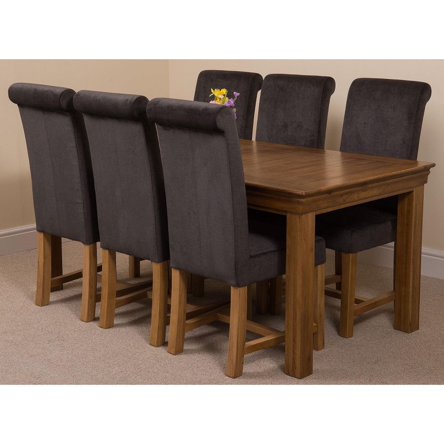 french rustic oak large dining table with 6 washington dark grey fabric  chairs
