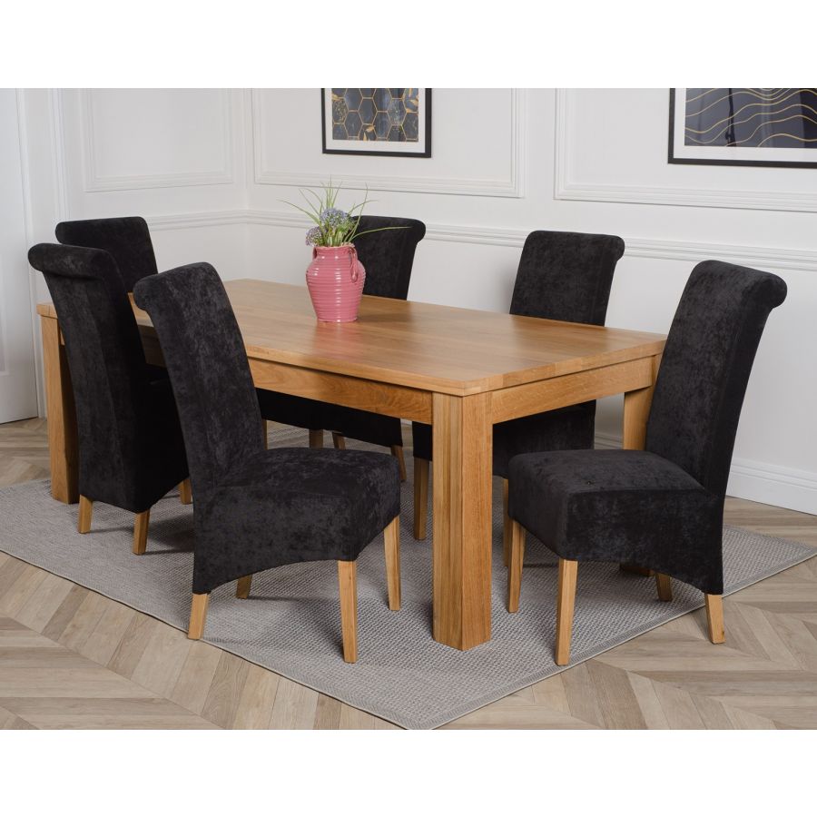 Dakota Extra Large Oak Dining Table with 6 Montana Black Fabric Chairs