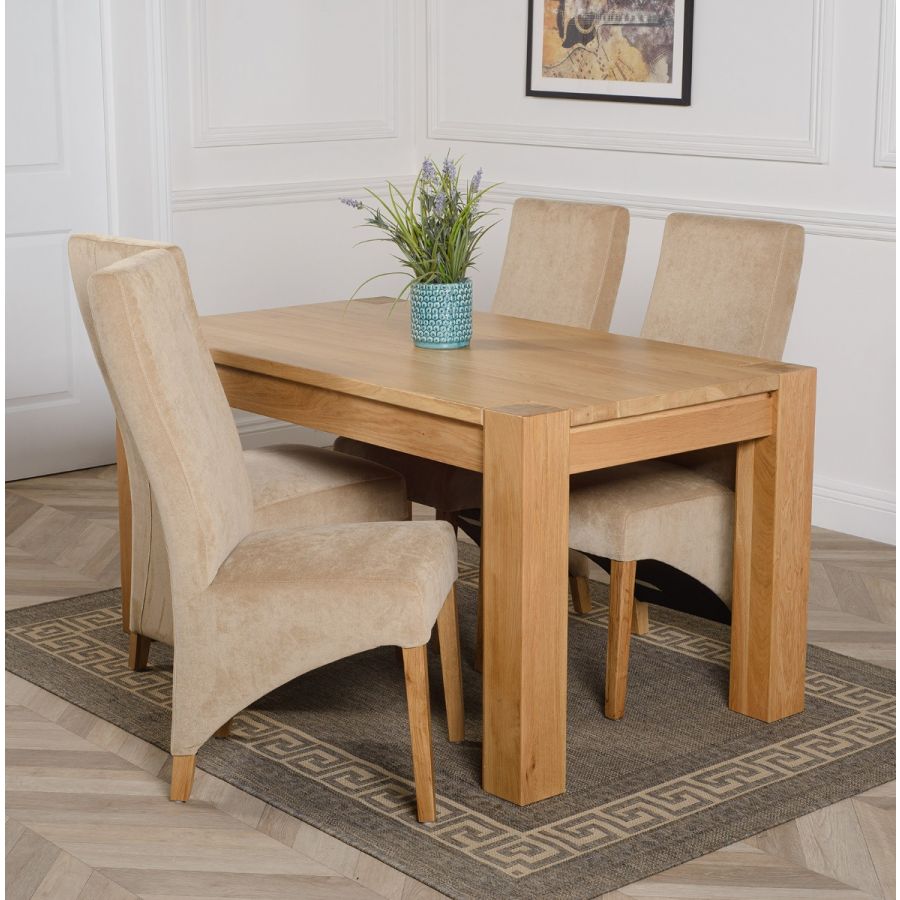 Kuba Medium Oak Dining Table With 4 Lola Beige Fabric Chairs Oak Furniture King 7549